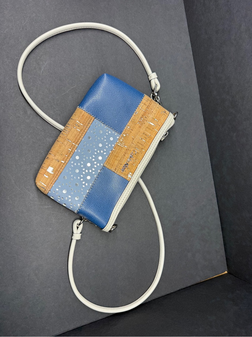 Calvin Klein Blue, Cork and White Patchwork Crossbody Bag
